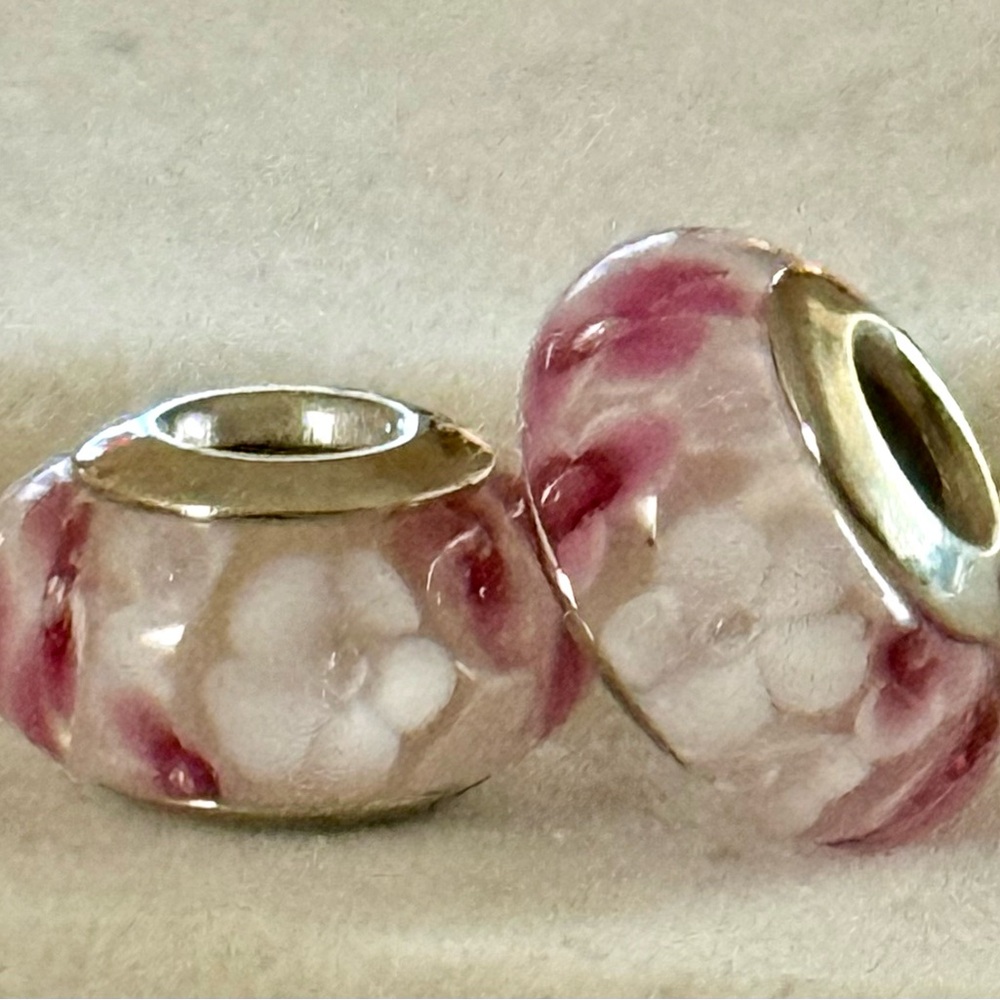 Pink and white Floral Murano Glass charms set fit Pandora Bracelets